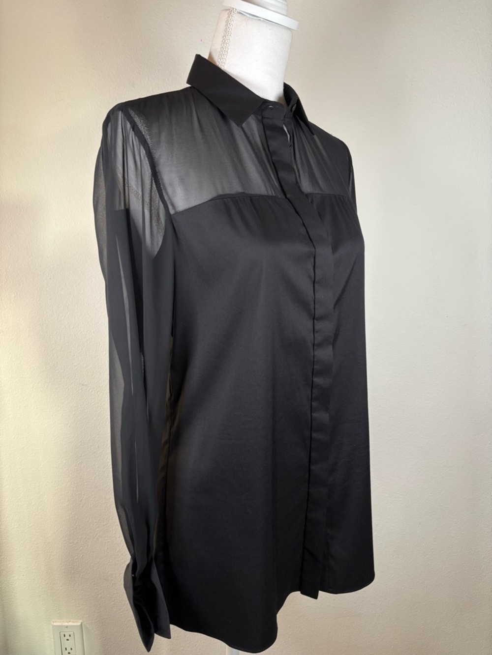 alice + olivia black sheer yoke button front blouse top - Picture 3 of 5